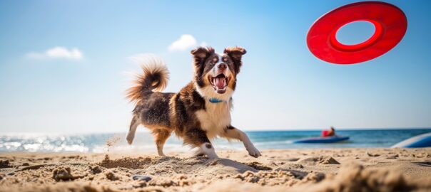 Glücklicher Hund springt und spielt mit einem Frisbee am Strand